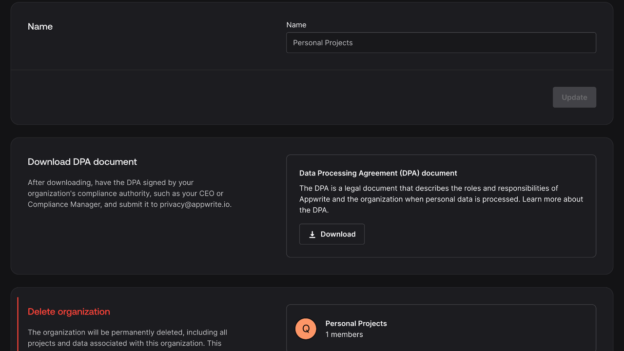 Project settings screen