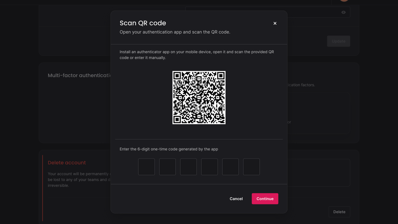 Multi-factor authentication modal