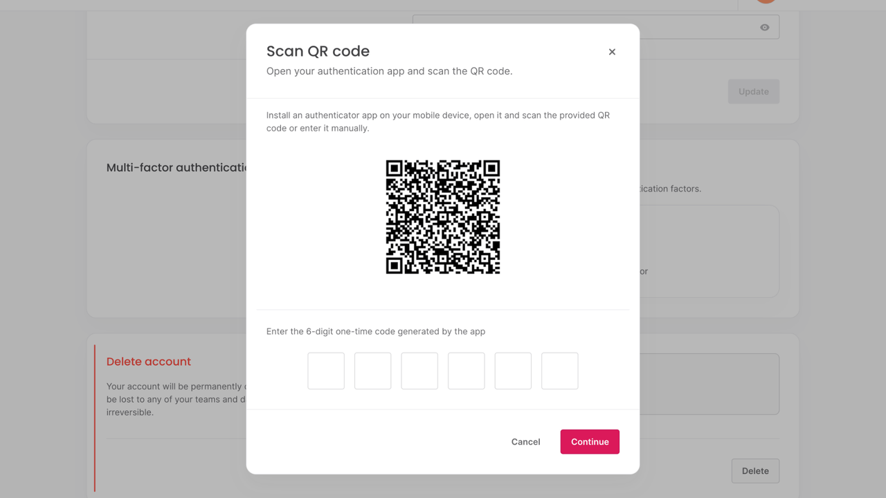 Multi-factor authentication modal