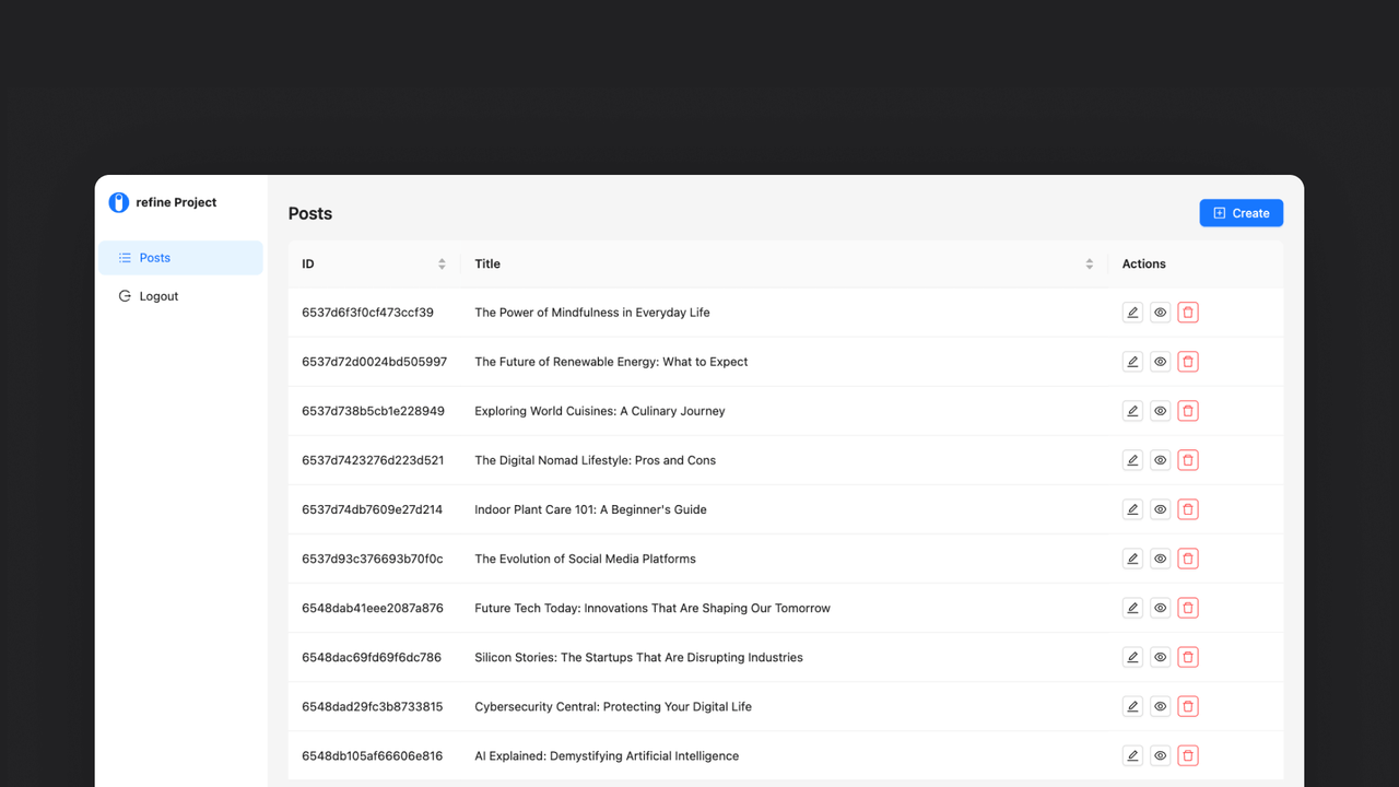 Create project screen