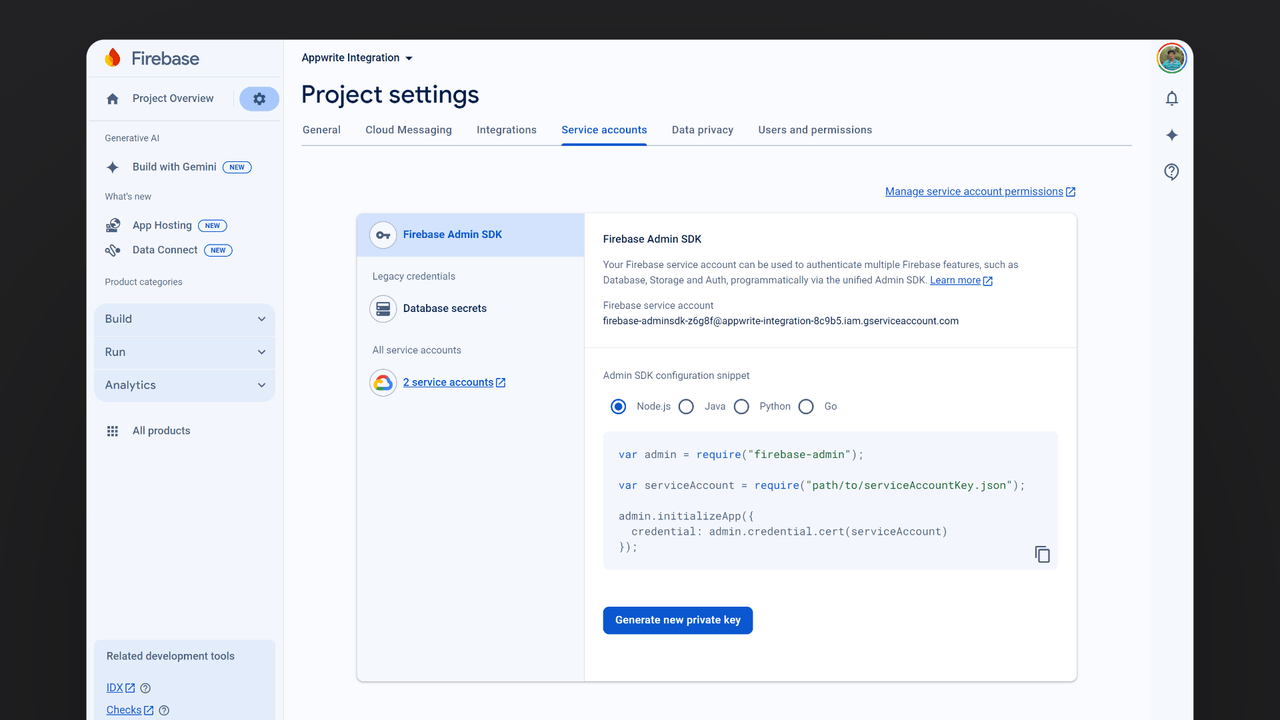 Firebase service account private key