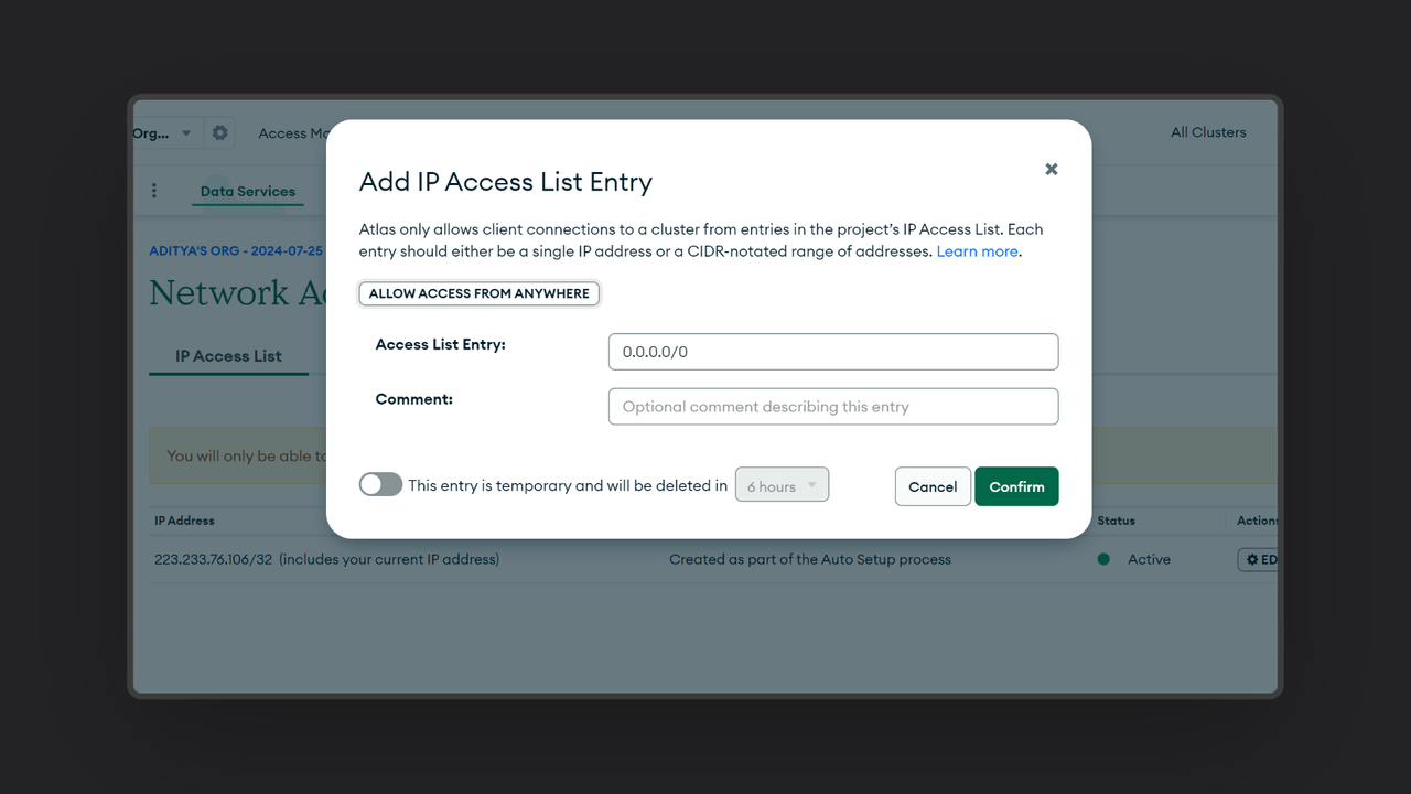 MongoDB Atlas network access