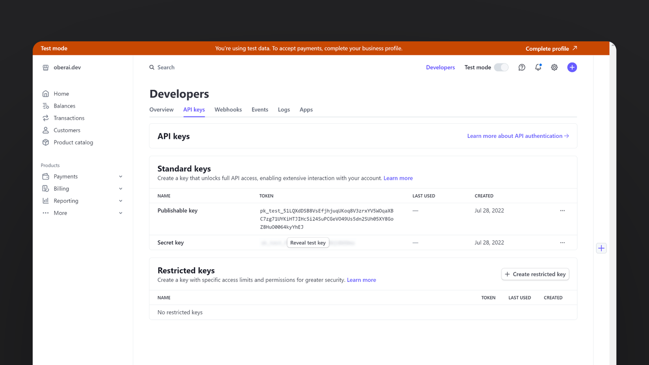 Stripe API keys