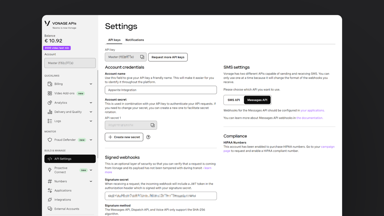 Vonage API settings
